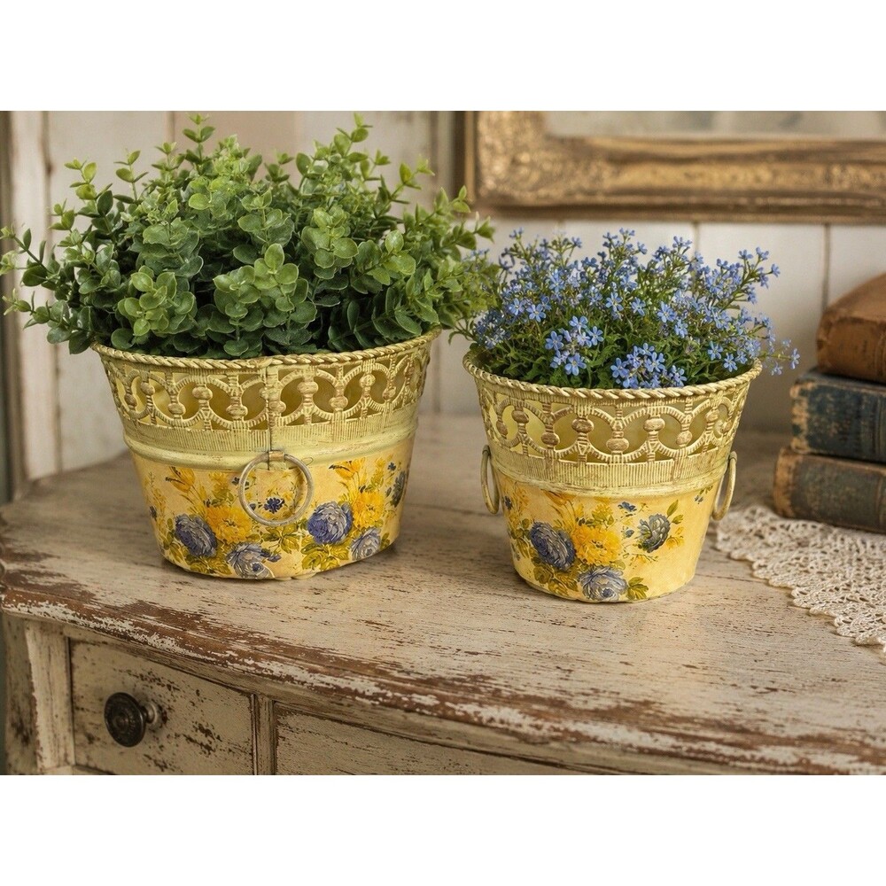 Vintage Floral Metal Cachepot Planter Set Shabby Chic Cottagecore w/insert Pair